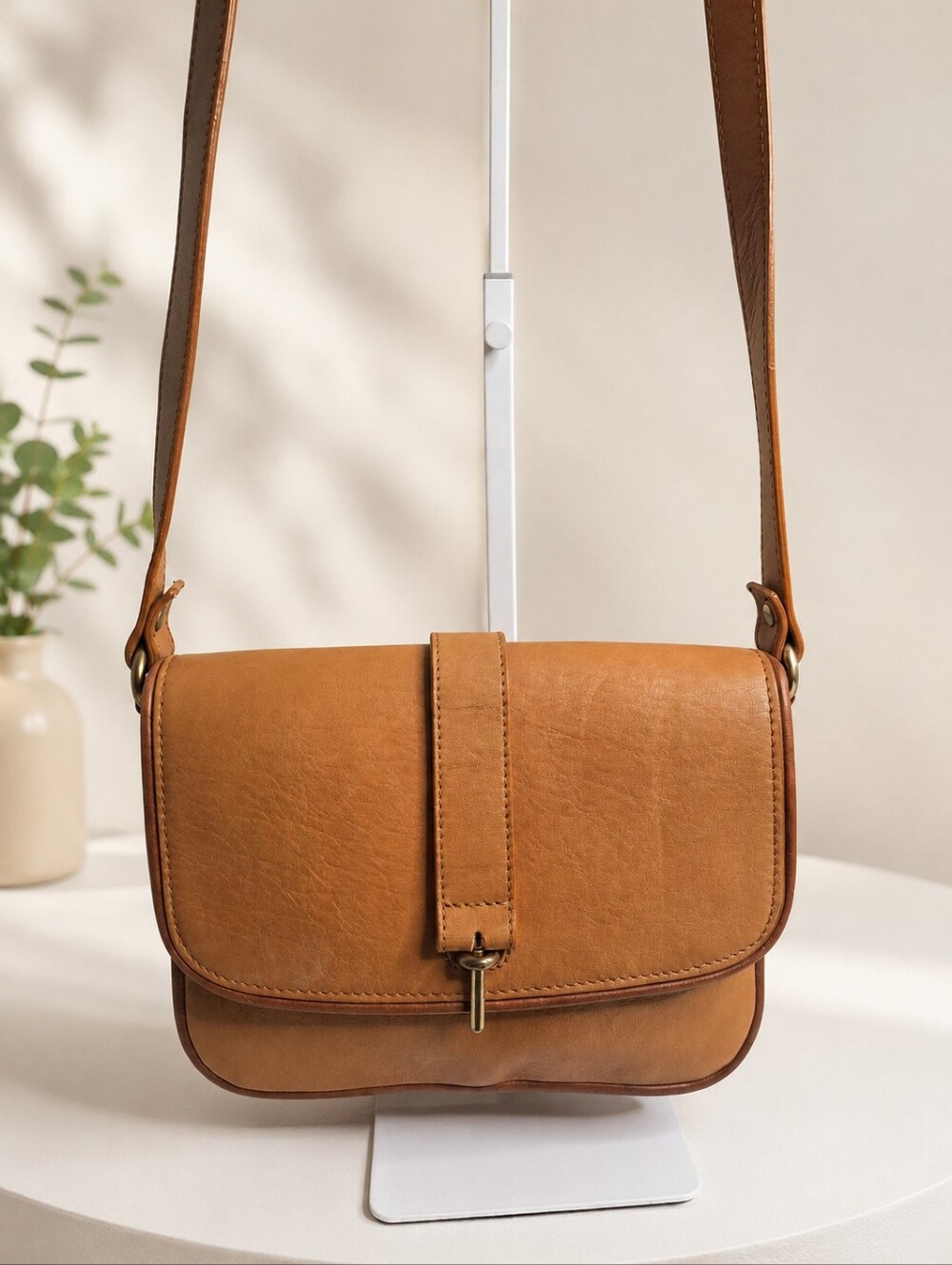 Massimo Dutti Tan Leather Crossbody Flap Shoulder Bag
